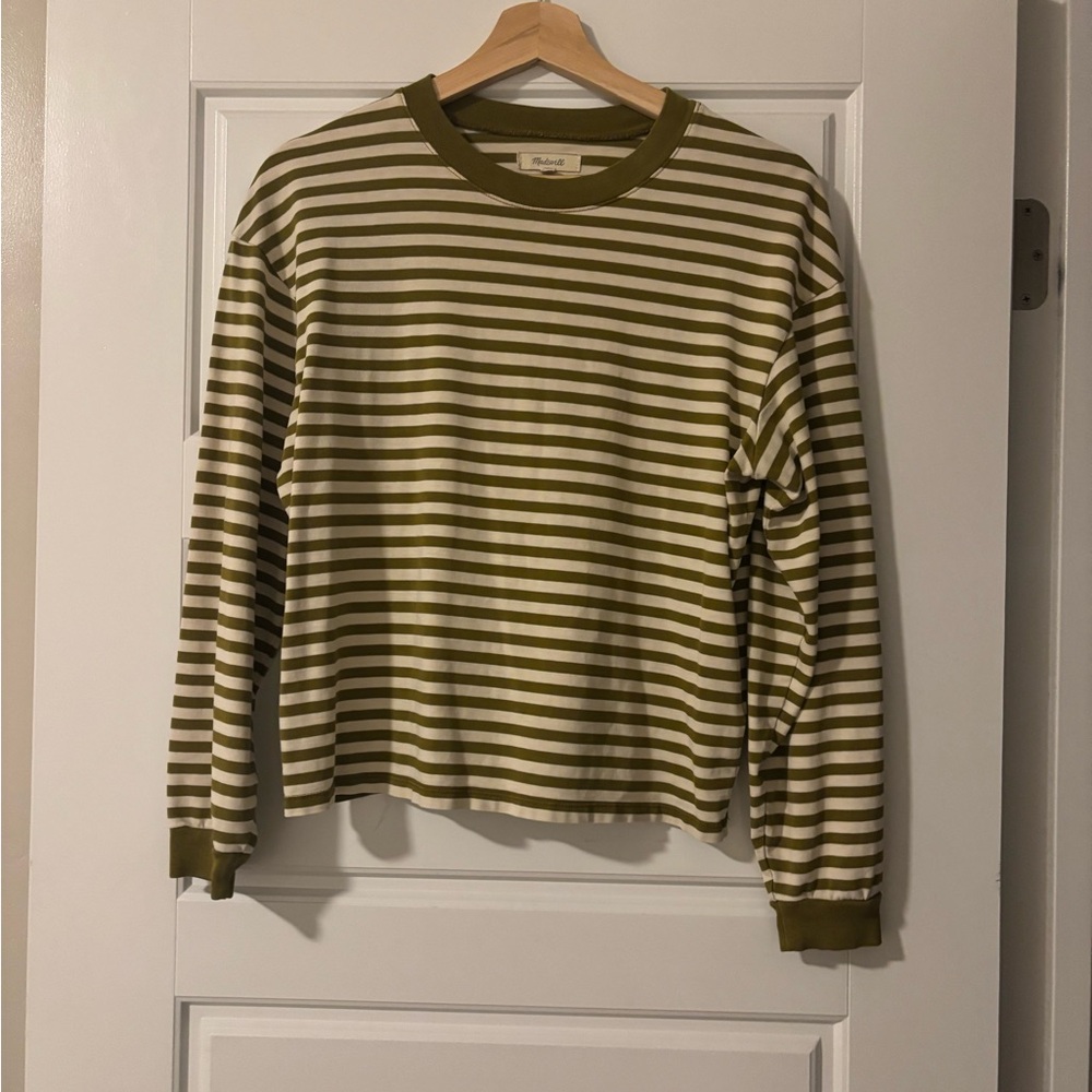 Madewell Green and White Striped Crewneck tee